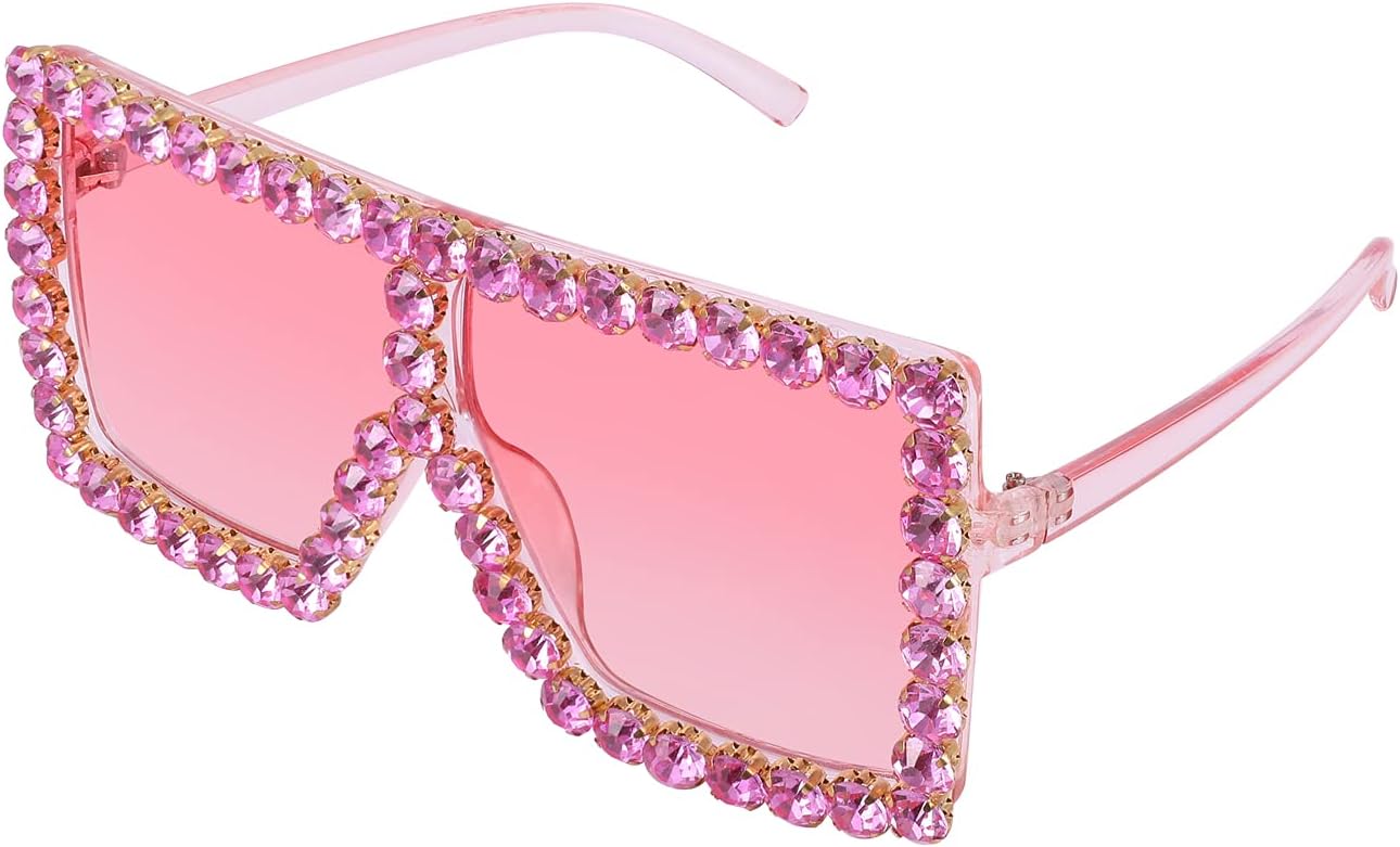 004 Pink Diamond & Gradual Pink Lens / 64 Millimeters | B096Z1R6L1 | FEISEDY Oversized Sparkling Crystal Sunglasses Disco Diamond Flat Top Fashion Square Large Shades B2782