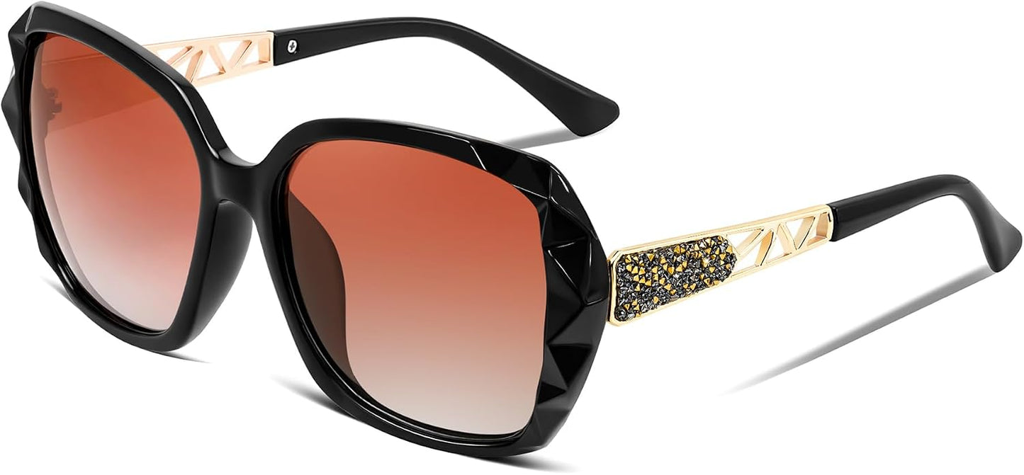 Black/Brown / 56 Millimeters | B0GK5DY8H5 | FEISEDY Polarized Women Square Sunglasses Sparkling Composite Shiny Frame B2289