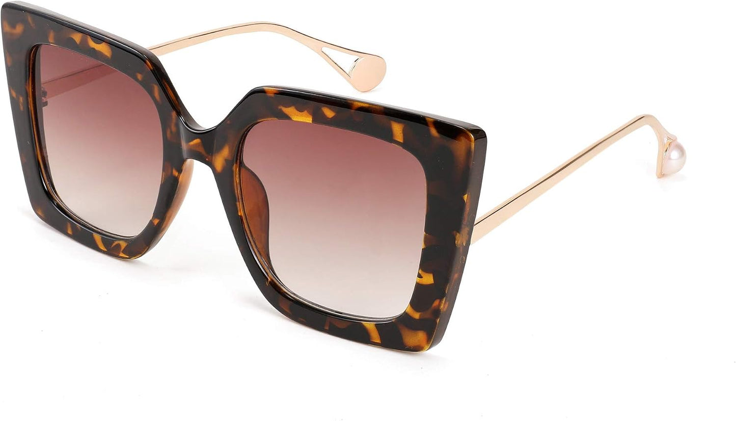 Leopard / 50 Millimeters | B08HVP8PFS | FEISEDY Sunglasses Womens Trendy, Oversized Square Shades, Pearl Inlay Cat Eye Frame UV400 Protection B2625