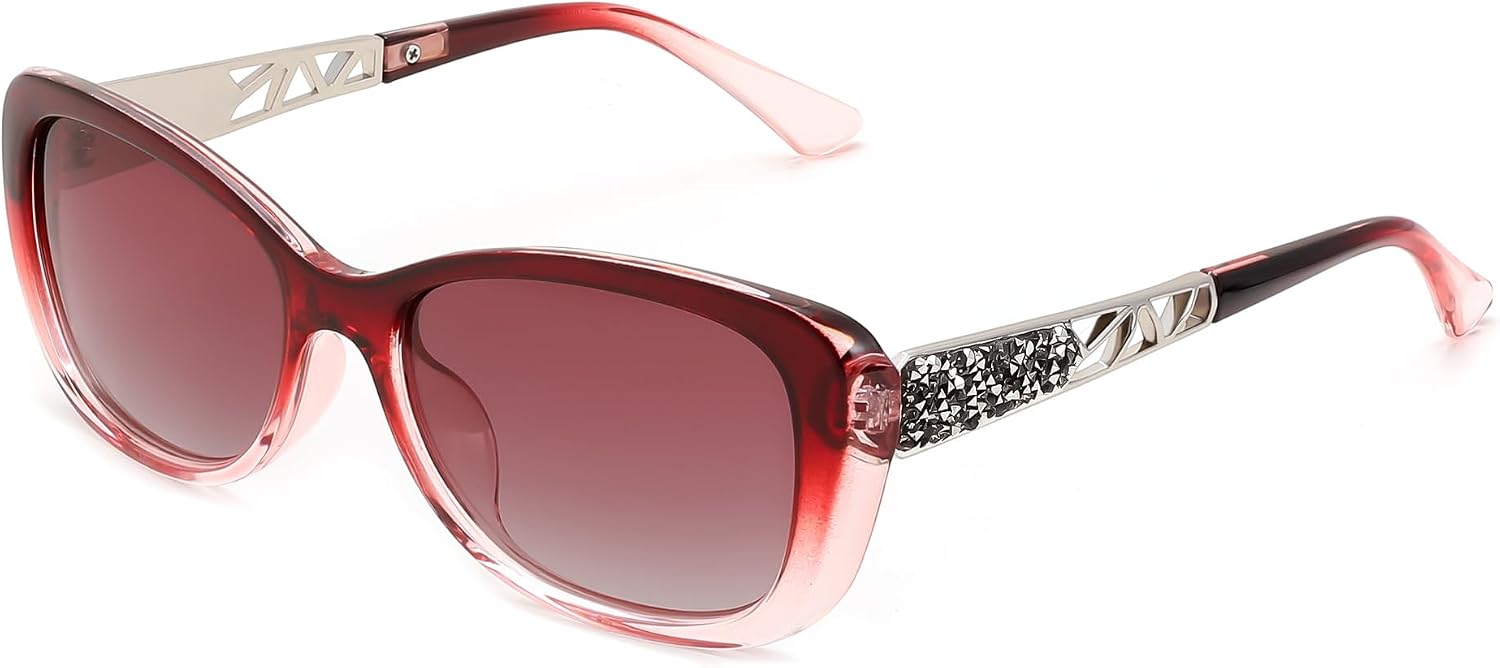 B-polarized Red / 58 Millimeters | B0D2RBPYNT | FEISEDY Polarized Women Sunglasses Retro Shades Photochromic Lens Sparkling Crystal Sunglasses UV400 Protection B0144