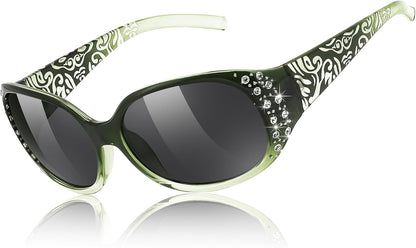 FEISEDY Women's Polarized Sunglasses Wrap Around Rhinestone Design Fashion Sunnies UV400 Protection B1091 | BLUE Series - Green Frame & Grey Lens