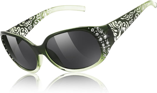 FEISEDY Women's Polarized Sunglasses Wrap Around Rhinestone Design Fashion Sunnies UV400 Protection B1091 | BLUE Series - Green Frame & Grey Lens