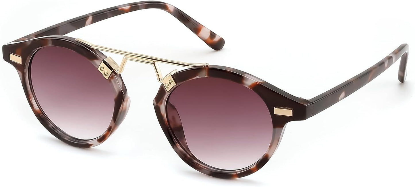 Dark Brown Floral Tortoise Frame & Gradient Purple Lens / 46 Millimeters | B0GX65GM2F | FEISEDY Retro Round Metal Brow Sunglasses for Women for Small Face B0427