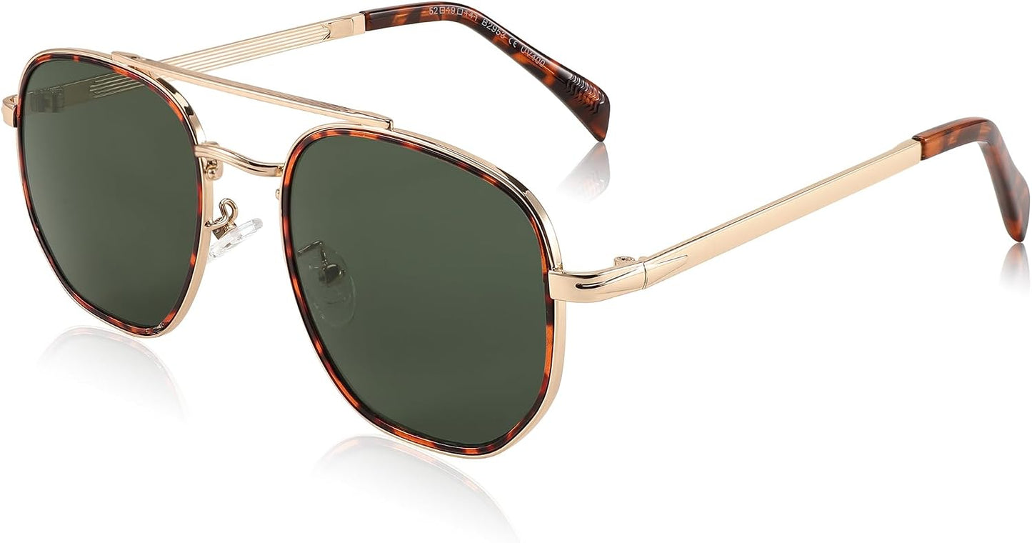 Golden Frame & Green Lens / 55 Millimeters | B0CFY6ZMQD | FEISEDY Sunglasses Aviator Men Women 70s Sun Glasses Square Frame UV400 Protection B2953