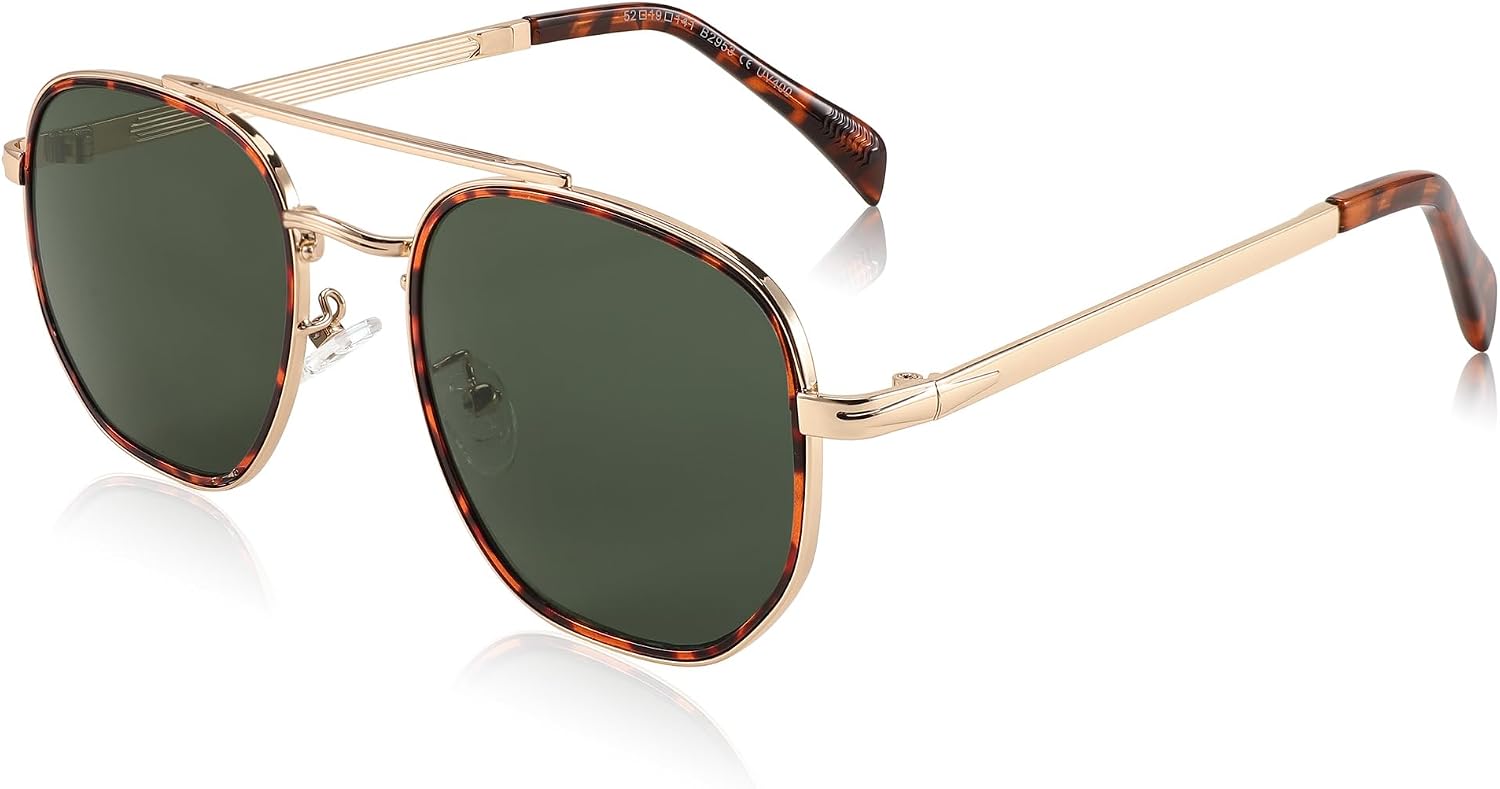 Golden Frame & Green Lens / 55 Millimeters | B0CFY6ZMQD | FEISEDY Sunglasses Aviator Men Women 70s Sun Glasses Square Frame UV400 Protection B2953