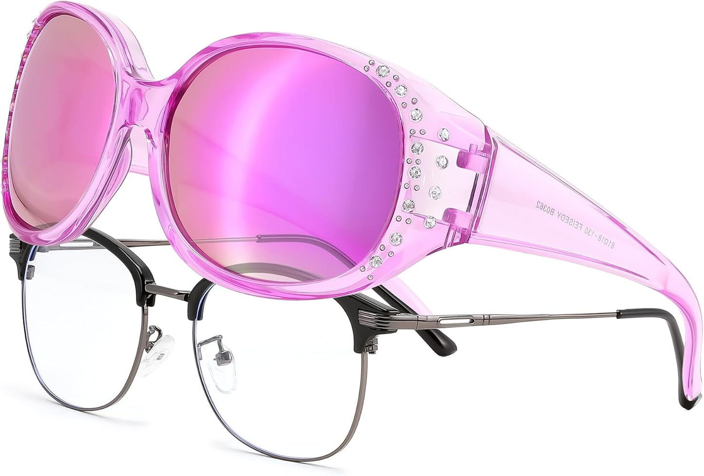 Transparent Purple/Purple Mirror / 61 Millimeters | B0GRVVR41V | FEISEDY Women's Polarized Wrap-Around Fit Over Sunglasses with Rhinestones, Anti-Glare Driving Sun Glasses B0362