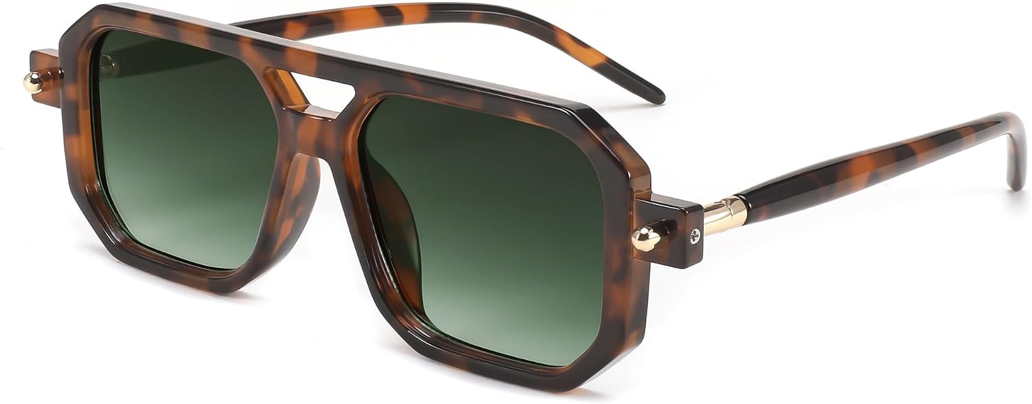 013 Brown Tortoise Frame & Gradient Dark Green Lens / 52 Millimeters | B0CR3K936T | FEISEDY Vintage Square 70s Flat Aviator Sunglasses Women Men Classic Retro Stylish Frame UV400 Sunglasses B2622