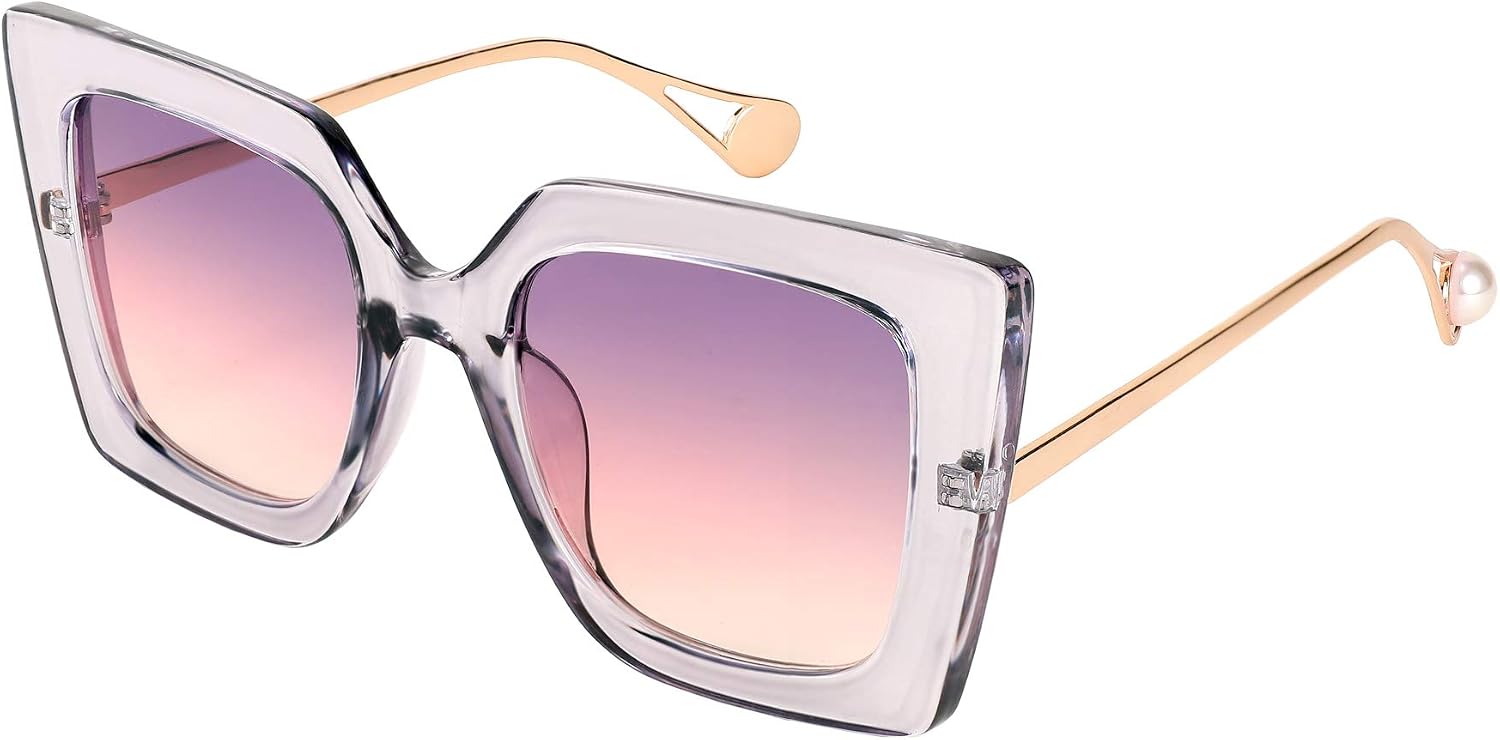 Clear Purple / 52 Millimeters | B08HVCXR7H | FEISEDY Sunglasses Womens Trendy, Oversized Square Shades, Pearl Inlay Cat Eye Frame UV400 Protection B2625