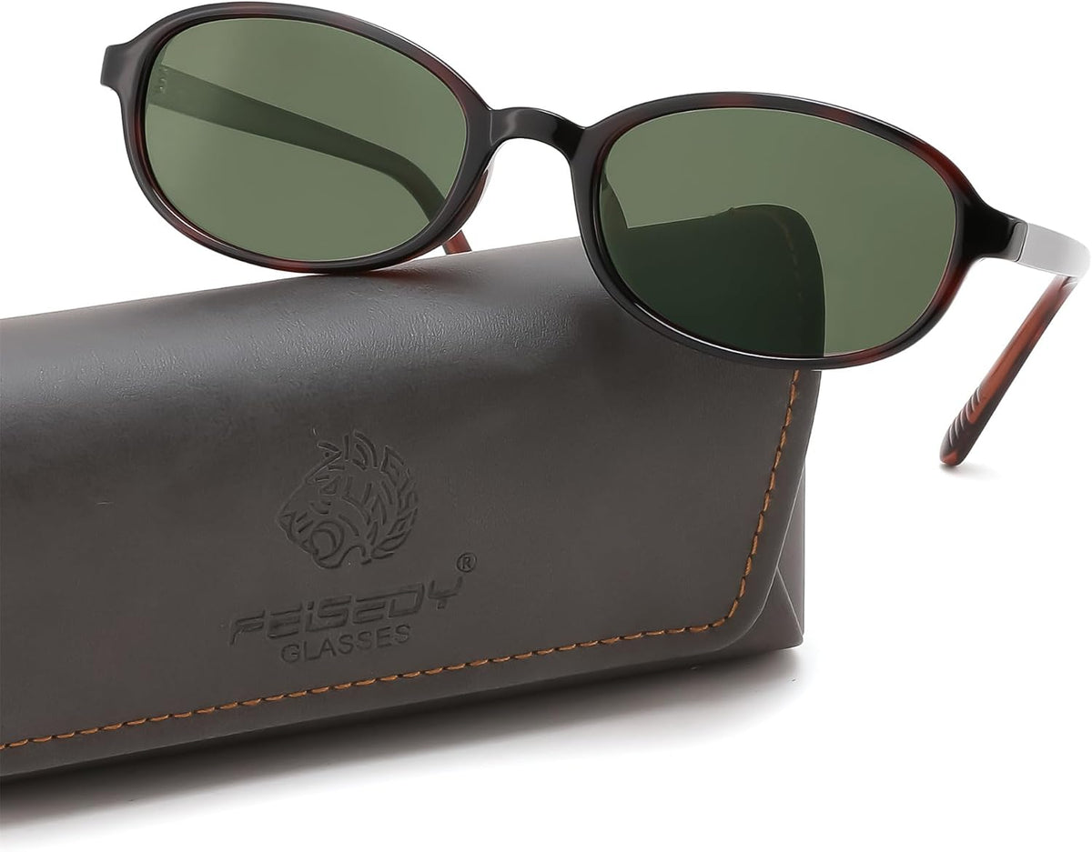 Tea Leopard Frame + Green Grey Lens / 52 Millimeters | B0GY484DT3 | FEISEDY Retro Polarized Oval Sunglasses Women Men UV400 Protection B0447