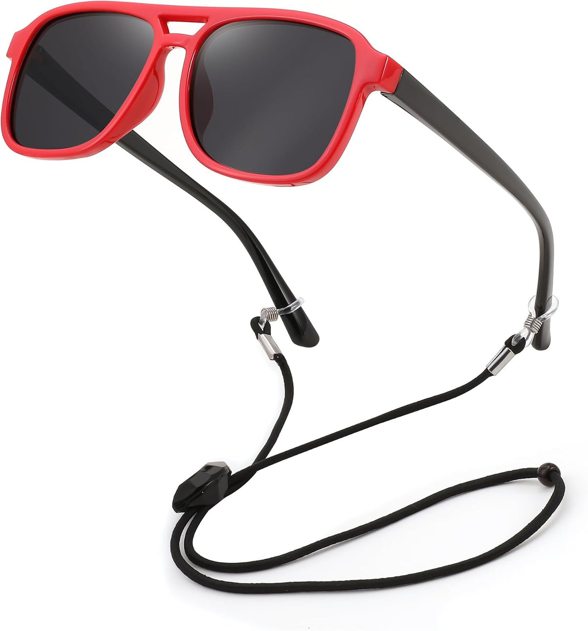 03 Red / Black / 48 Millimeters | B0D3L5KK25 | FEISEDY Kids Polarized Sunglasses Flexible TPEE Rubber Toddler Aviator Shades with Strap for Boys Girls Age 3-9