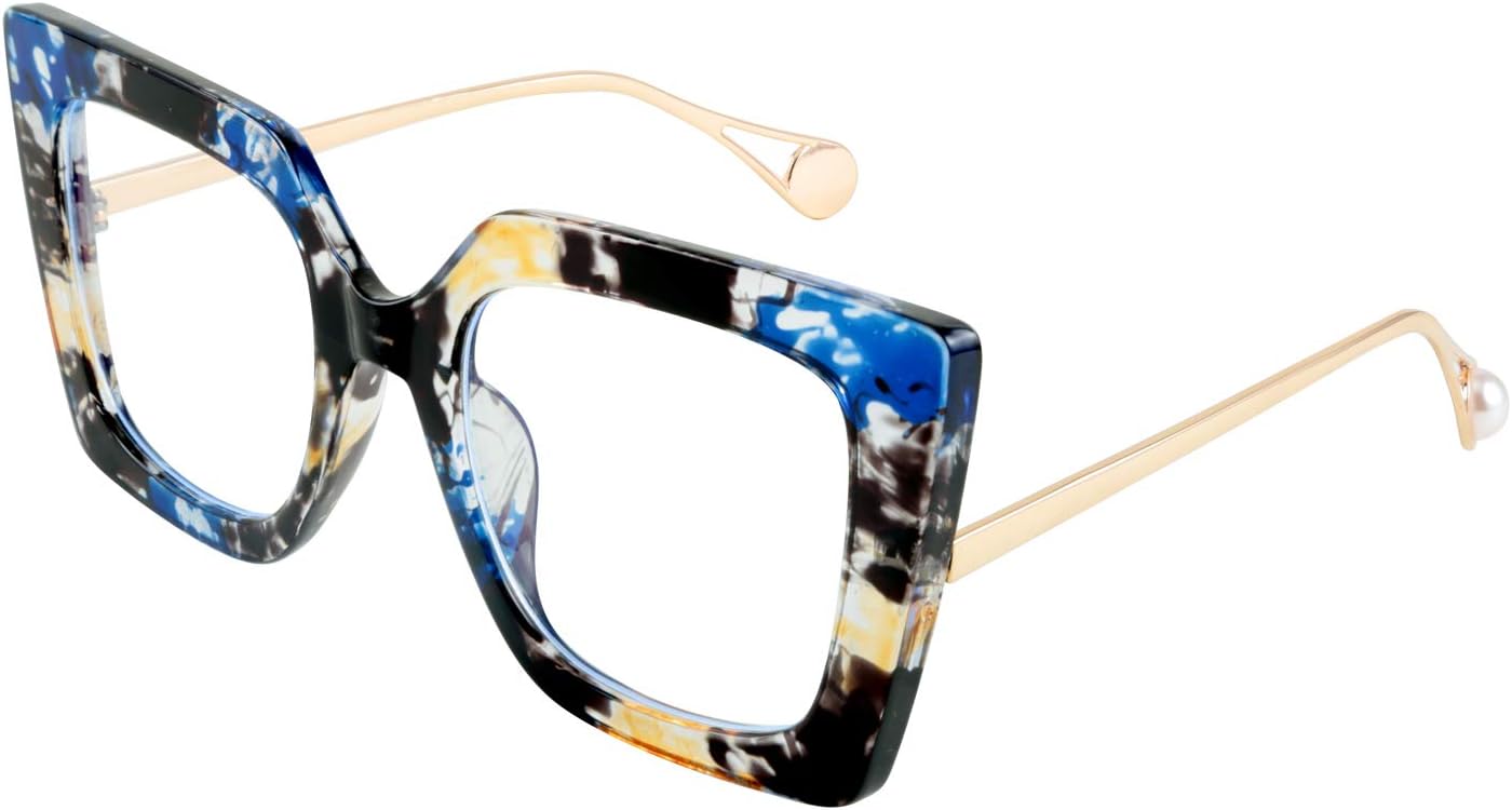 Marble Pattern / 62 Millimeters | B08DF3Z48L | FEISEDY Oversized Square Blue Light Blocking Glasses Eye Strain Glare Pearl Inlay Arm Cat Eye Fashion Eyewear B2639