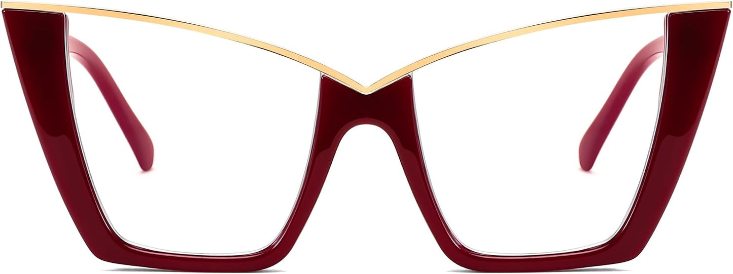 Burgundy / 50 Millimeters | B0DGX59DGG | FEISEDY Fashion Cat Eye Blue Light Blocking Glasses for Women Fake Retro Eyeglasses Oversized Stylish Eyewear Frame B0240