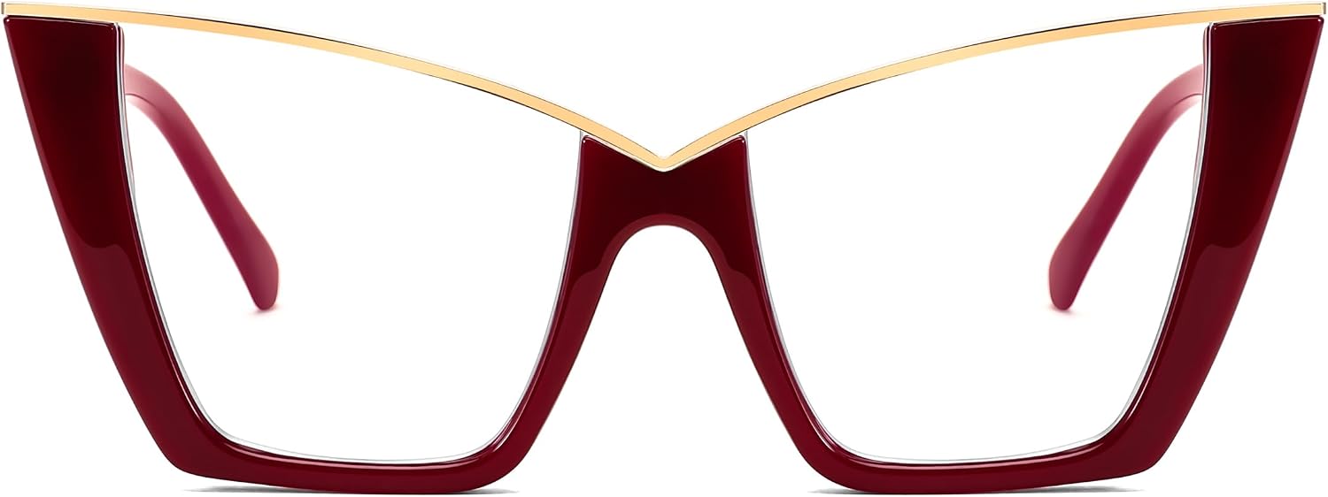 Burgundy / 50 Millimeters | B0DGX59DGG | FEISEDY Fashion Cat Eye Blue Light Blocking Glasses for Women Fake Retro Eyeglasses Oversized Stylish Eyewear Frame B0240