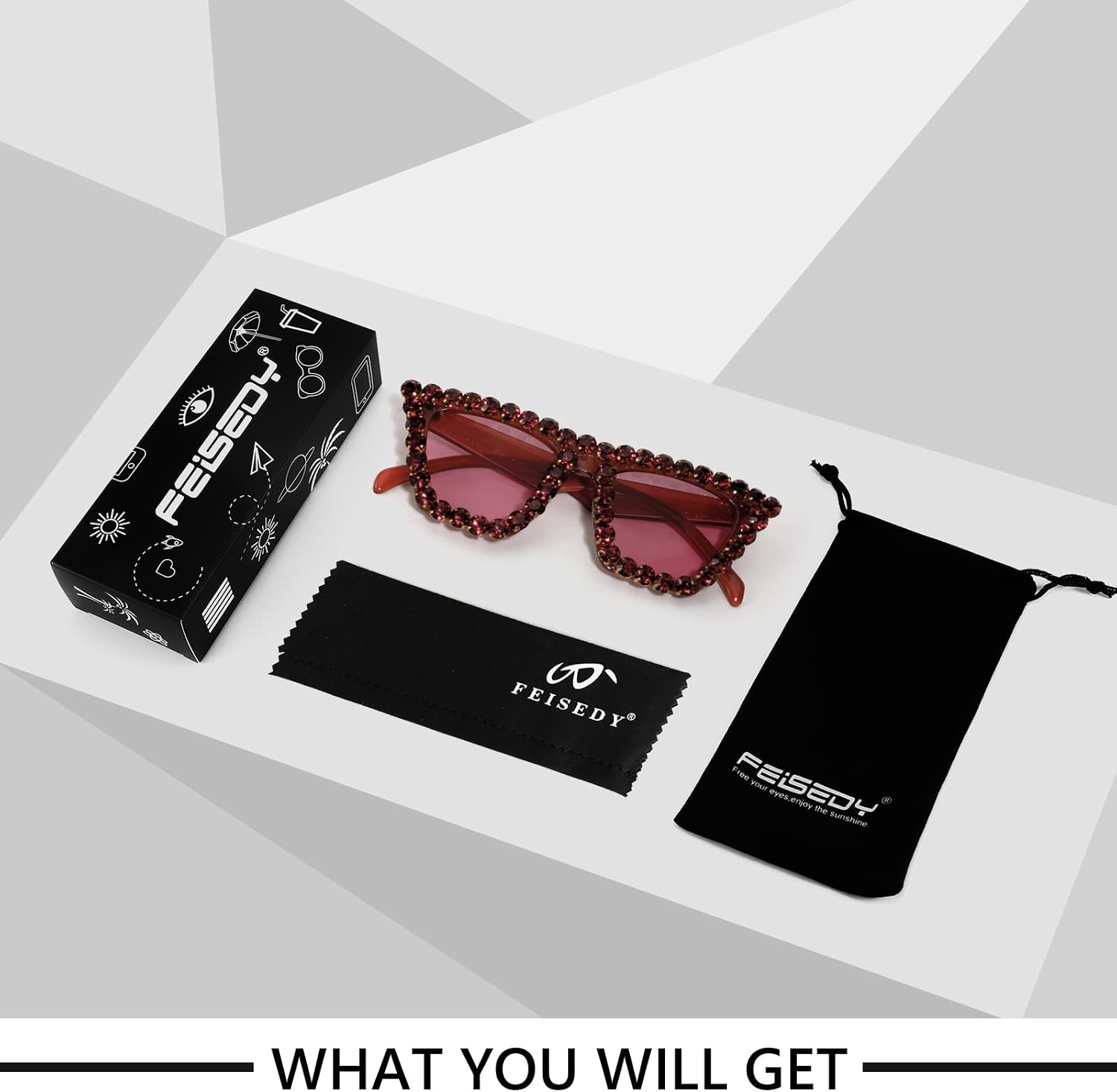商品图片 18 | B09V7X56D4 | FEISEDY Women Crystal Square Cat Eye Sunglasses Sparkling Trendy Retro Cateye Sunglasses B2898