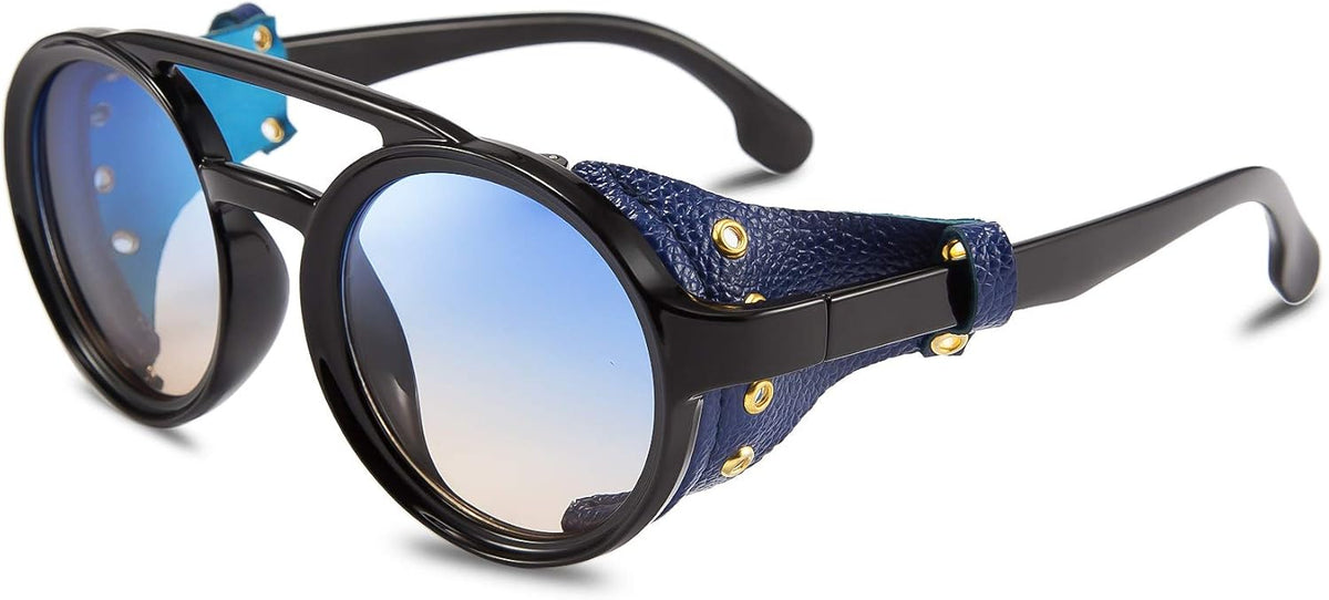 Blue / 48 Millimeters | B07ZNX8S6S | FEISEDY Retro Round Steampunk Sunglasses Women Men Leatherwear B2532