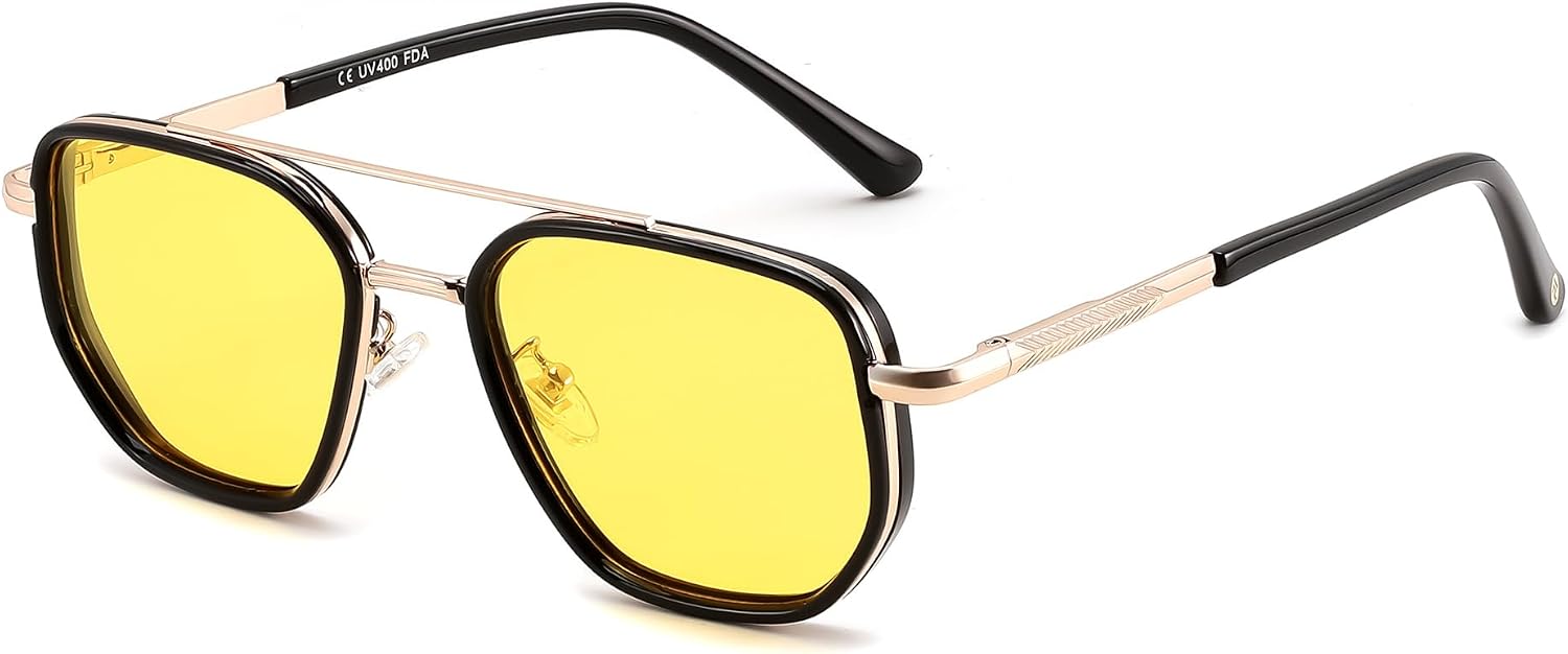 Golden Black/Night Vision Yellow Lenses / 56 Millimeters | B0FQ4YJHB4 | FEISEDY Polarized Aviator Sunglasses for Women Men Square TAC Lens B0329 | UV400 protection, Lightweight, Military-grade durability, Spring temples, Climate Pledge Friendly, Driving, Beach