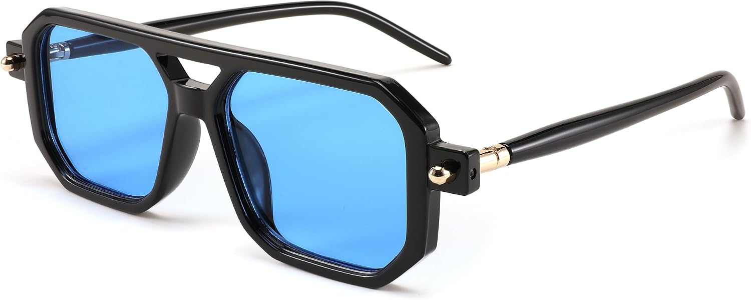 006 Black Frame & Blue Lens / 52 Millimeters | B0CBK7BSR7 | FEISEDY Vintage Square 70s Flat Aviator Sunglasses Women Men Classic Retro Stylish Frame UV400 Sunglasses B2622