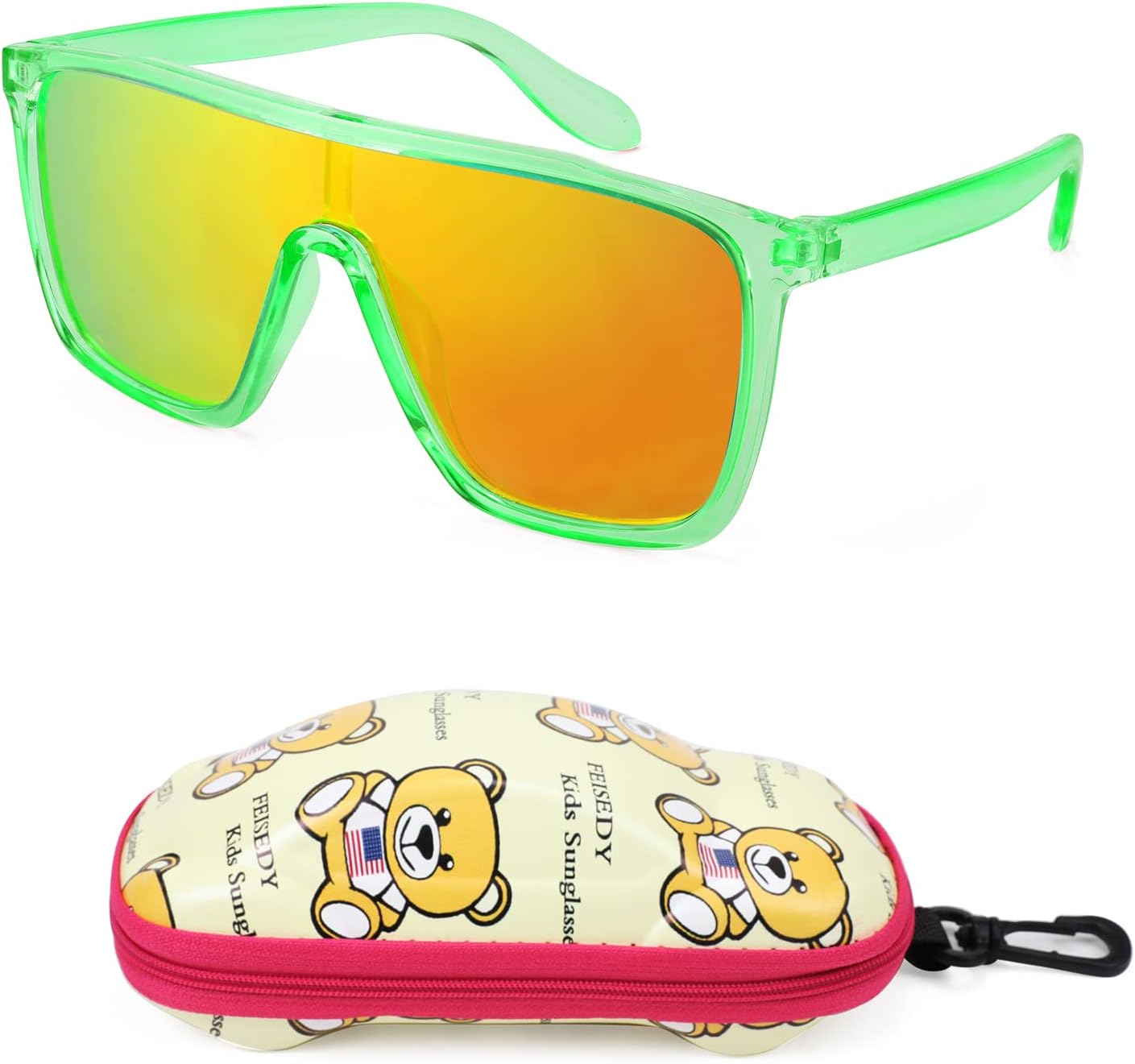 Transparent Green Frame & Red Mirror Lens / 55 Millimeters | B09MW1WGDR | FEISEDY Kids Sunglasses for Girls Fashion Cute Boys Teenagers Glasses One Piece UV400 B2812