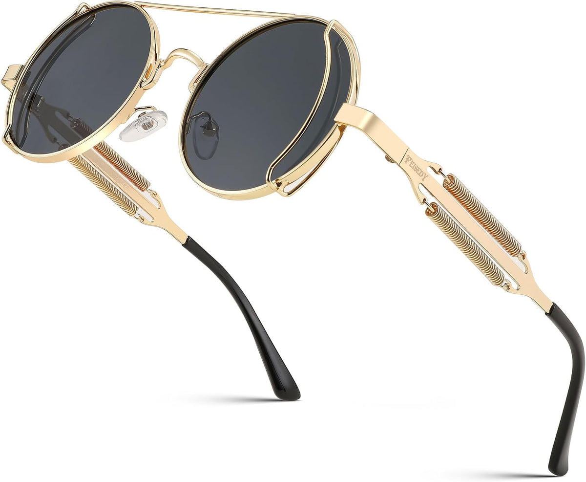 Gold Frame With Gray Lenses and Gold Temples / 50 Millimeters | B0BD4MVNW9 | FEISEDY Aviator Sunglasses for Men Women Steampunk Round Metal Frame B2351