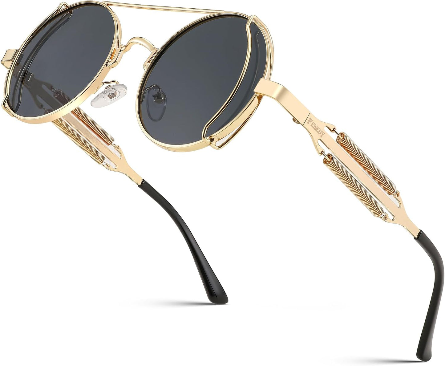 Gold Frame With Gray Lenses and Gold Temples / 50 Millimeters | B0BD4MVNW9 | FEISEDY Aviator Sunglasses for Men Women Steampunk Round Metal Frame B2351