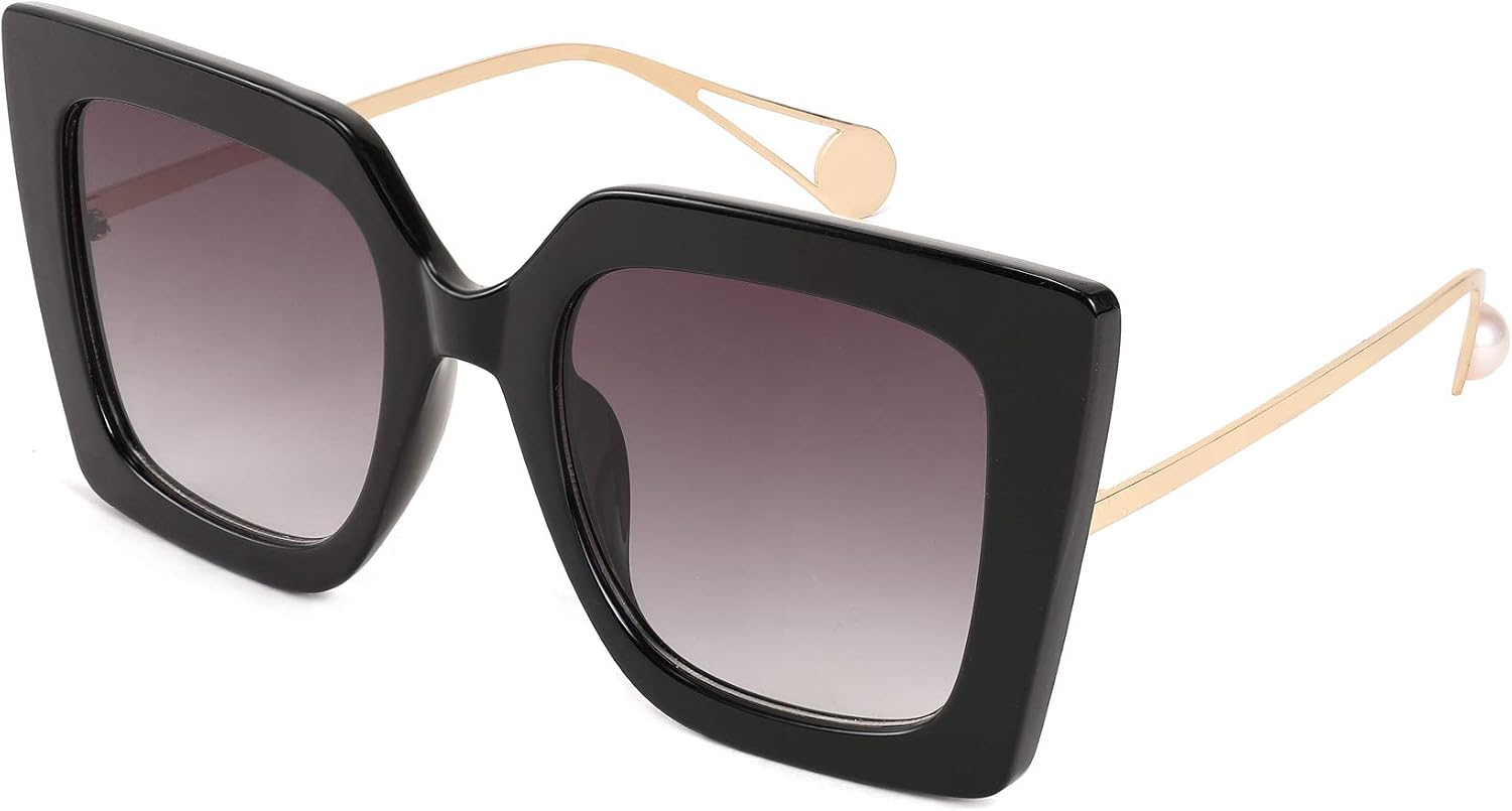 Black / 50 Millimeters | B08HVKCZF9 | FEISEDY Sunglasses Womens Trendy, Oversized Square Shades, Pearl Inlay Cat Eye Frame UV400 Protection B2625
