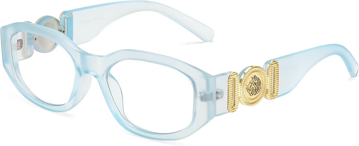 Matte Ice Blue / 54 Millimeters | B0G34MCK8F | FEISEDY Retro Trendy Narrow Blue Light Glasses for Women Men B0316 | Vintage 90s Small Square Eyeglasses,Blue Light Blocking