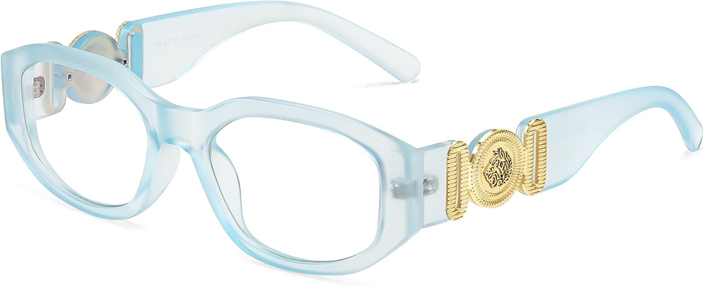 Matte Ice Blue / 54 Millimeters | B0G34MCK8F | FEISEDY Retro Trendy Narrow Blue Light Glasses for Women Men B0316 | Vintage 90s Small Square Eyeglasses,Blue Light Blocking