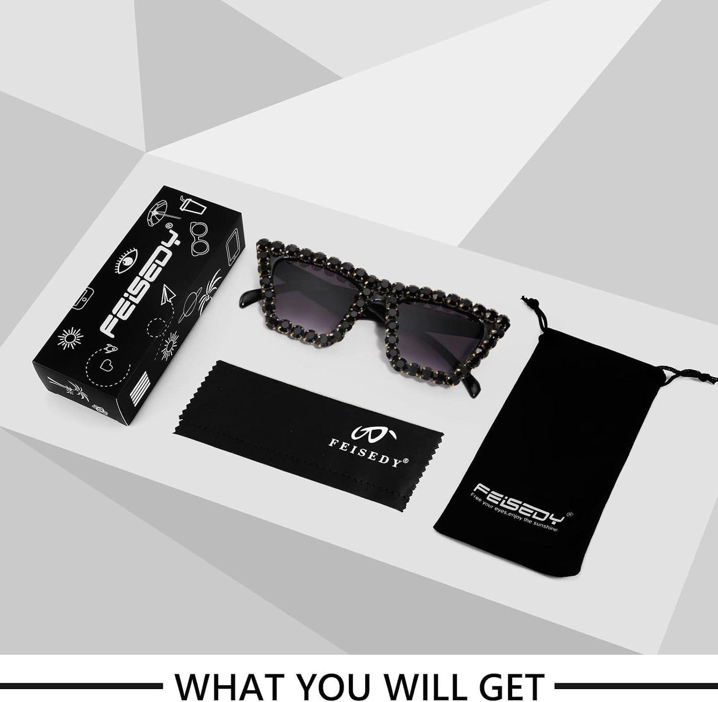 商品图片 24 | B09V7X56D4 | FEISEDY Women Crystal Square Cat Eye Sunglasses Sparkling Trendy Retro Cateye Sunglasses B2898