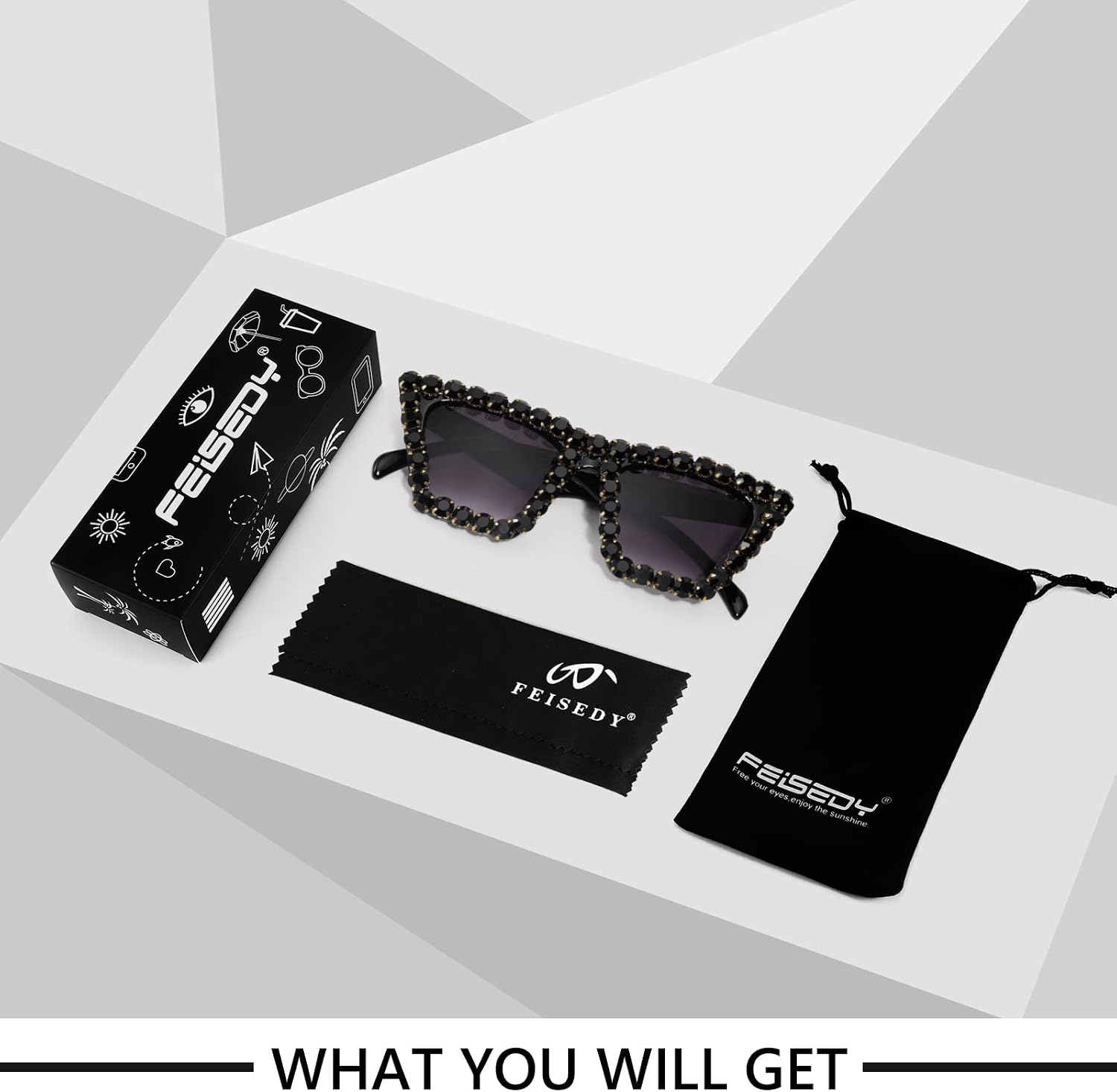 商品图片 24 | B09V7X56D4 | FEISEDY Women Crystal Square Cat Eye Sunglasses Sparkling Trendy Retro Cateye Sunglasses B2898