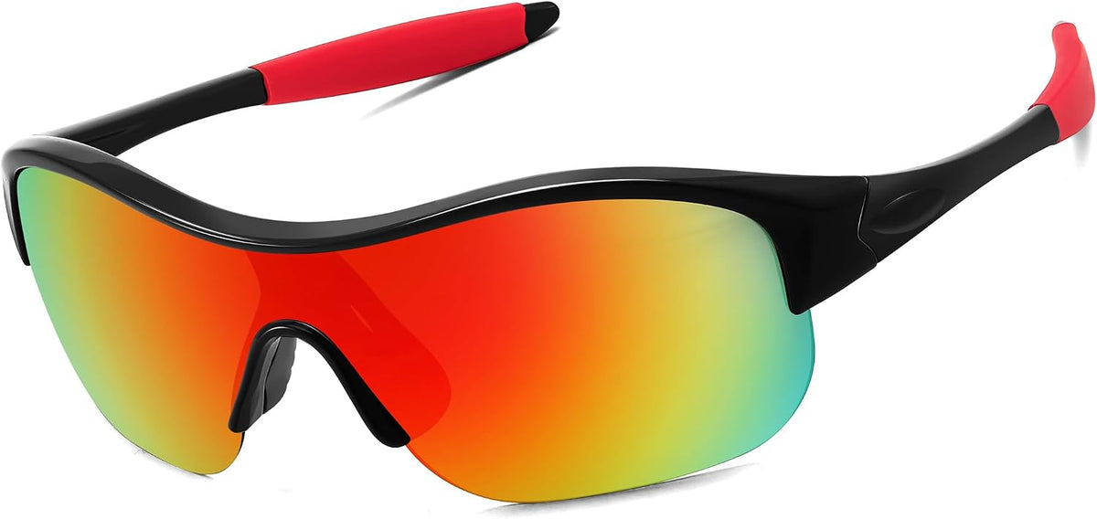 04 Black Frame Red Mirrored Lens Black Legs / Large | B0CZ7XHG7H | FEISEDY Polarized Sports Sunglasses for Kids Youth Baseball Cycling Running Glasses for Boys Girls Age 3-12 B0142