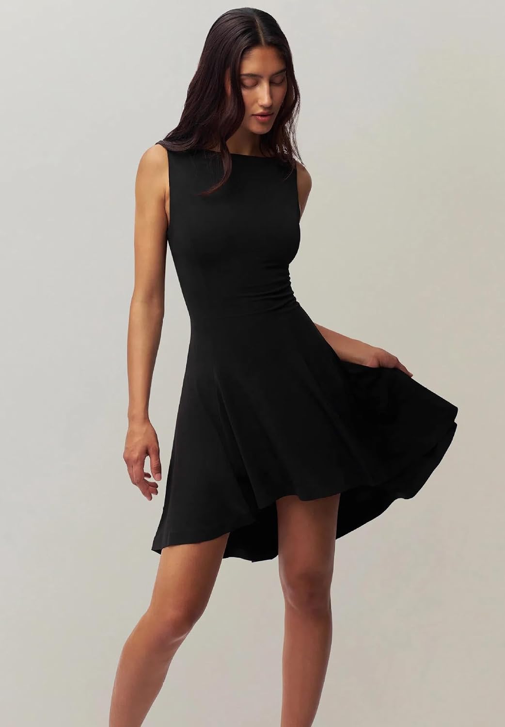 商品图片 2 | B0GXV3NZYW | Women's Boat Neck Dress Summer Sleeveless Ruched Waist Asymmetrical Hem Elegant Classy Cocktail Graduation Short Dress
