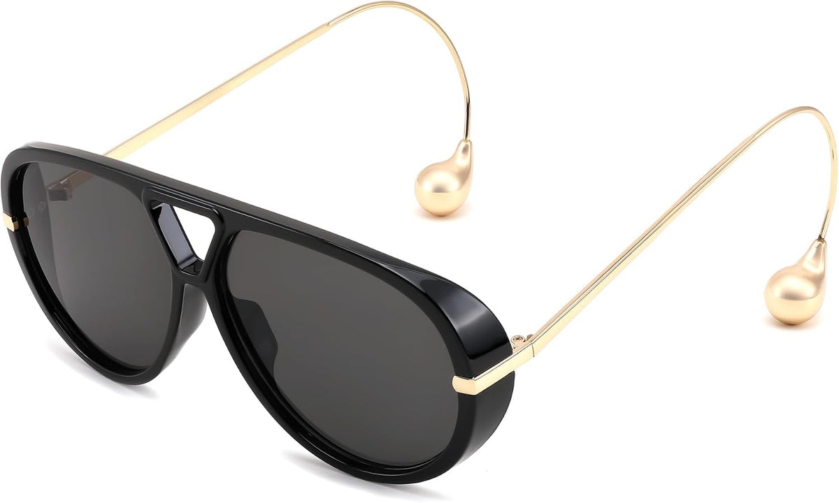 Black/Black / 62 Millimeters | B0F8N76J5J | FEISEDY Oversized Aviator Sunglasses With Earring Design for Women Large Big Frame Luxury Designer Shades for Ladies B0296