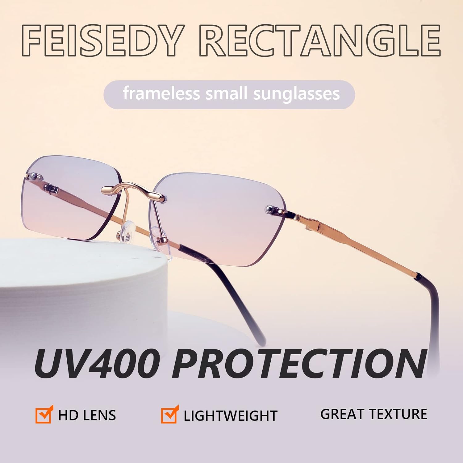 商品图片 73 | B0CY2Q4VW1 | FEISEDY Rimless Sunglasses Y2K Retro Small Narrow Rectangle Shades B2643