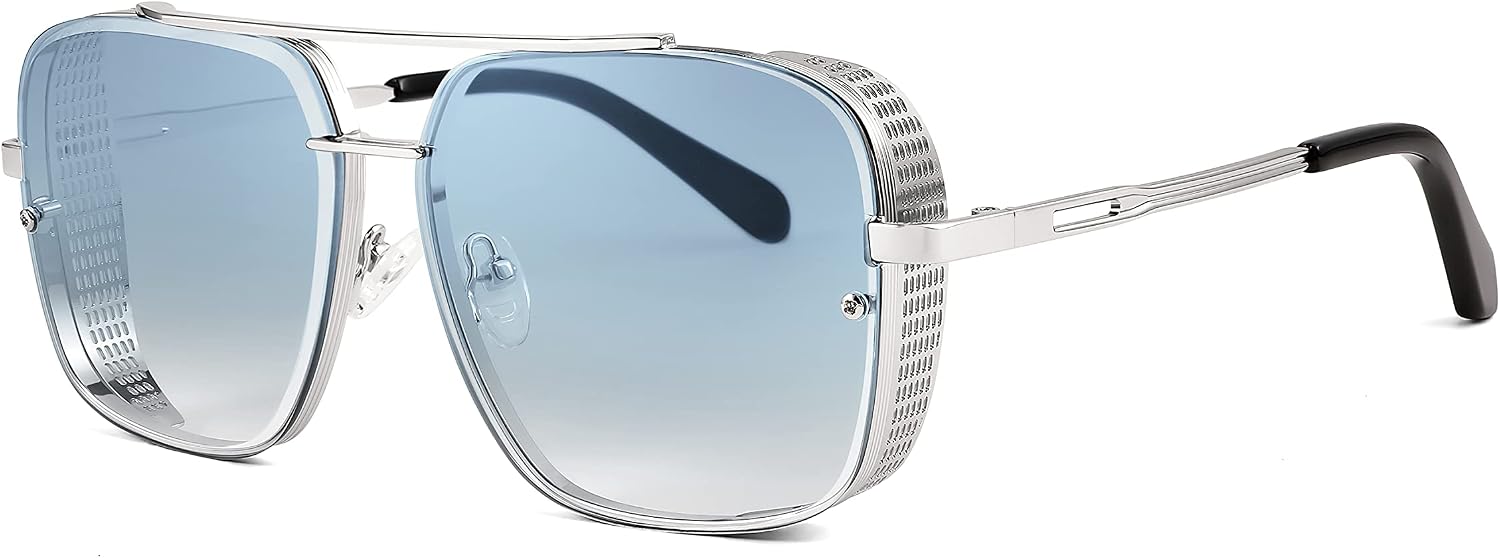 Silver Gradient Grey Blue / 55 Millimeters | B0BS19J9HJ | FEISEDY Sunglasses Mens Women Vintage Pilot Square Trendy Metal Steampunk Fishing Driving Sun Glasses B2894