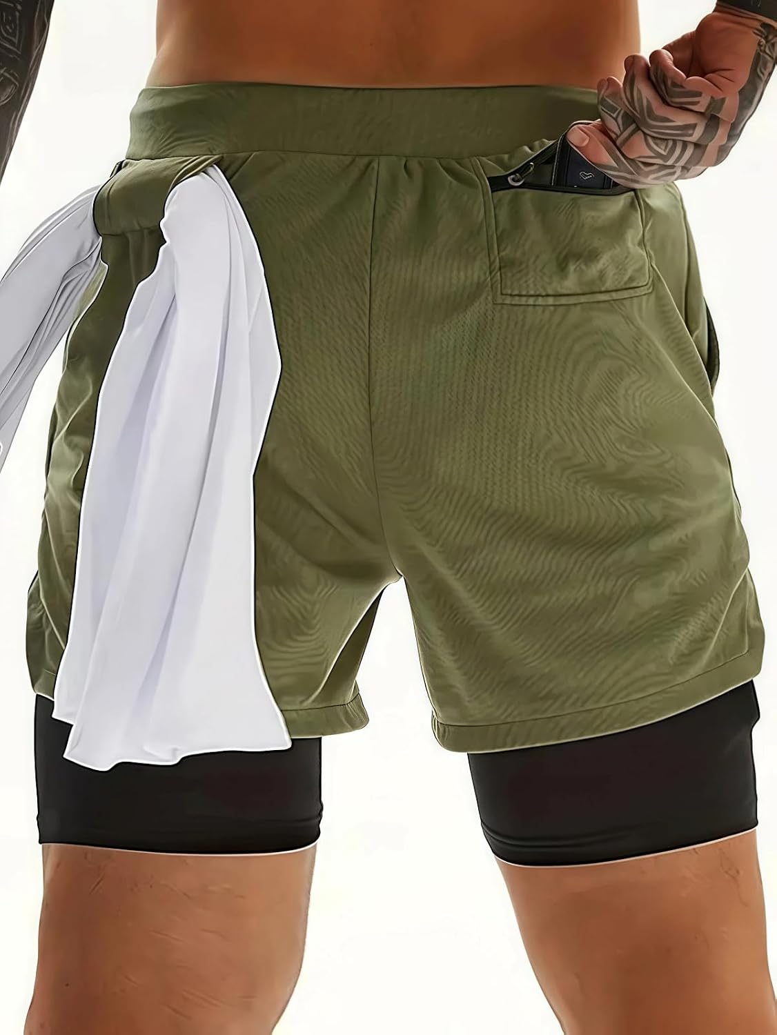 商品图片 3 | B0GPQC1J43 | Men's 2-in-1 Running Shorts with Phone Pockets - Quick Dry Gym & Workout Shorts for Athletic Men Green