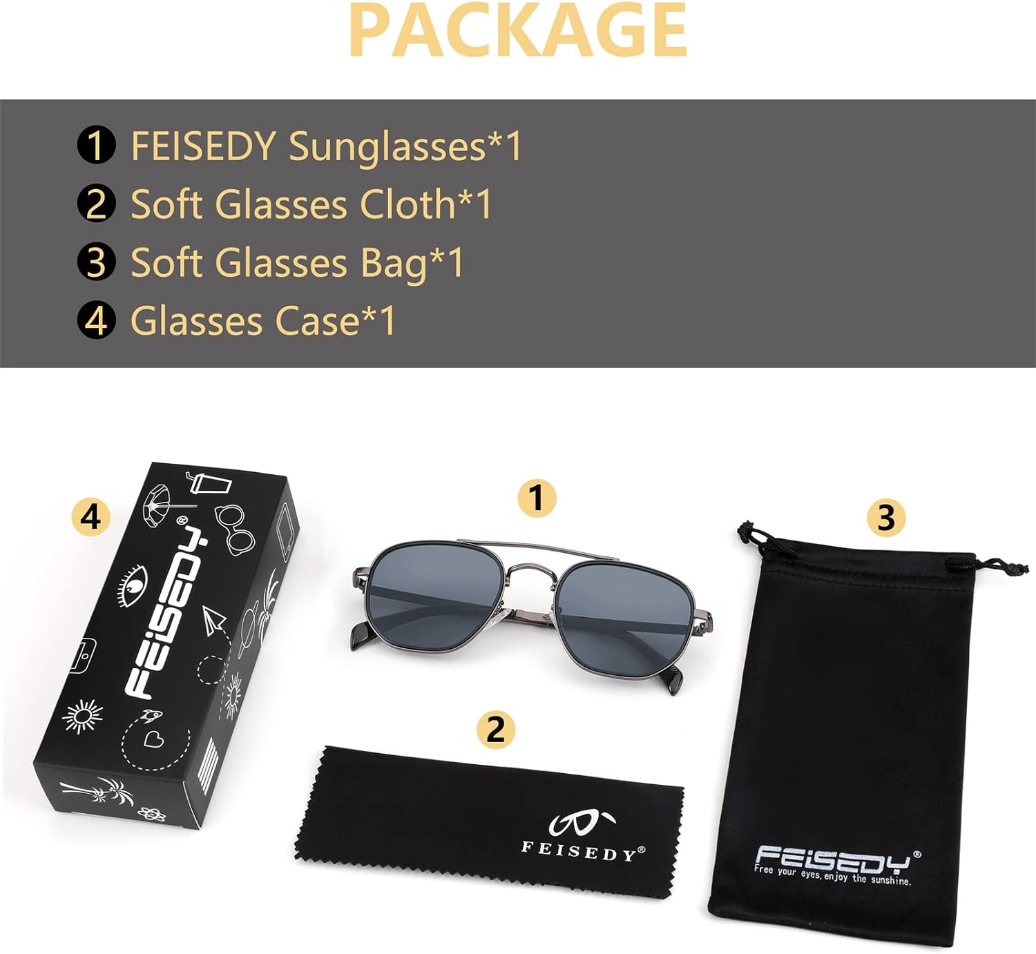商品图片 27 | B0B38ZHMJL | FEISEDY Sunglasses Aviator Men Women 70s Sun Glasses Square Frame UV400 Protection B2953