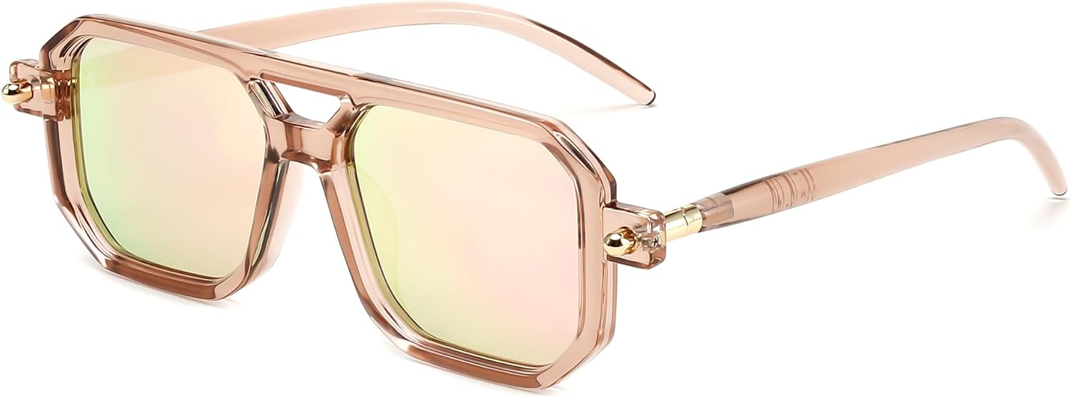028 Champagne Frame & Pink Mirrored Lens / 52 Millimeters | B0DPCJ3L83 | FEISEDY Vintage Square 70s Flat Aviator Sunglasses Women Men Classic Retro Stylish Frame UV400 Sunglasses B2622
