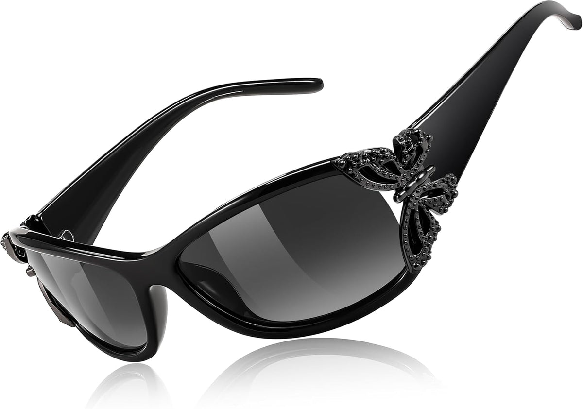 Black Frame & Gradual Grey Lens / 60 Millimeters | B0CNRNFN27 | FEISEDY Y2K Women Polarized Sunglasses Butterfly Wrap Around UV400 Shades