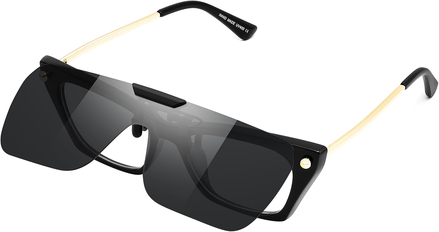 商品图片 8 | B0FX3Q74X7 | FEISEDY Clip-on Flip Up Rimless One Piece Sunglasses for Glasses TAC Lenses B0345