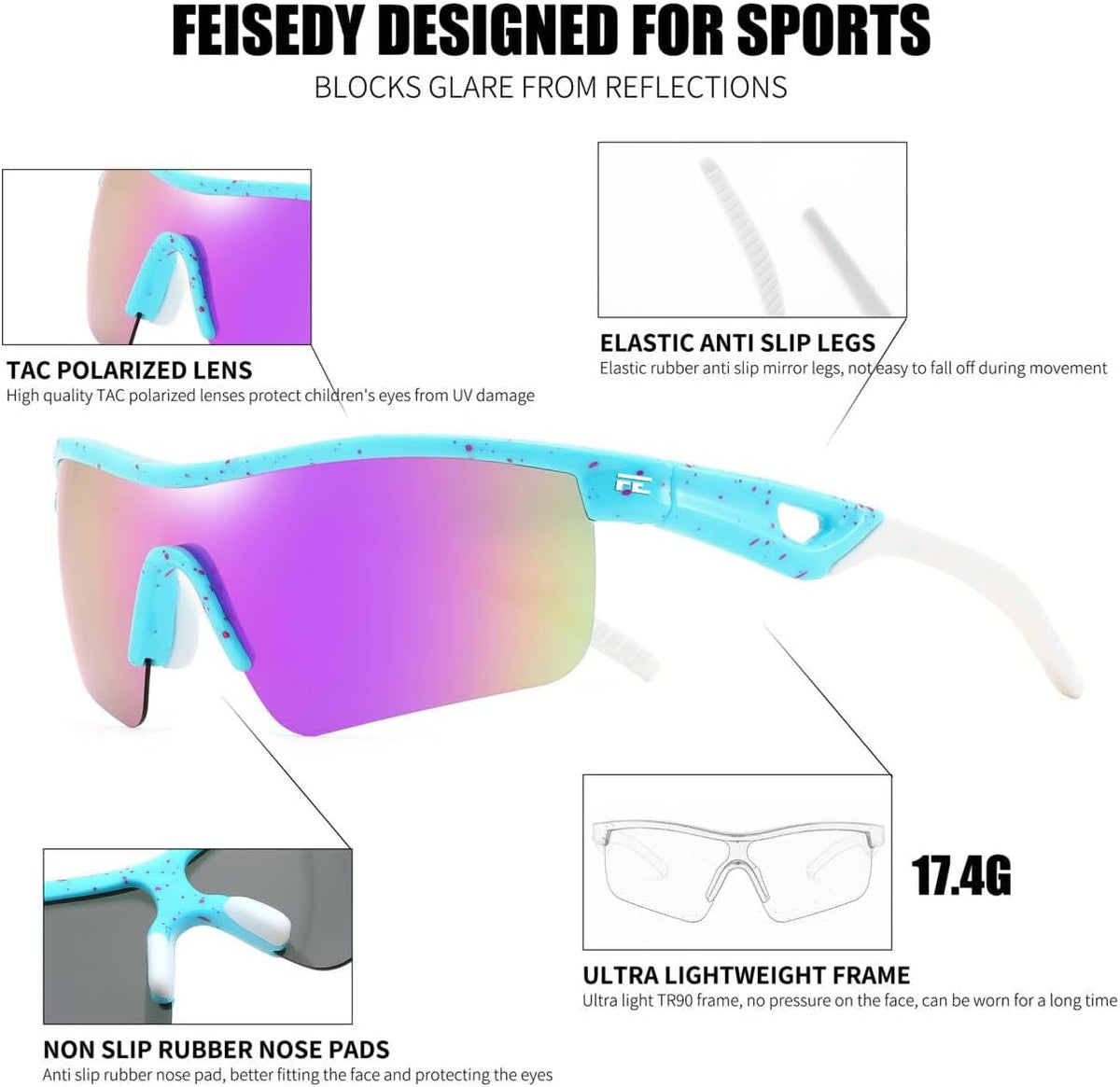 ÉÌƷͼƬ 157 | B07JZ18KMZ | FEISEDY Kids Polarized Sports Sunglasses, TR90 UV400 Baseball Cycling