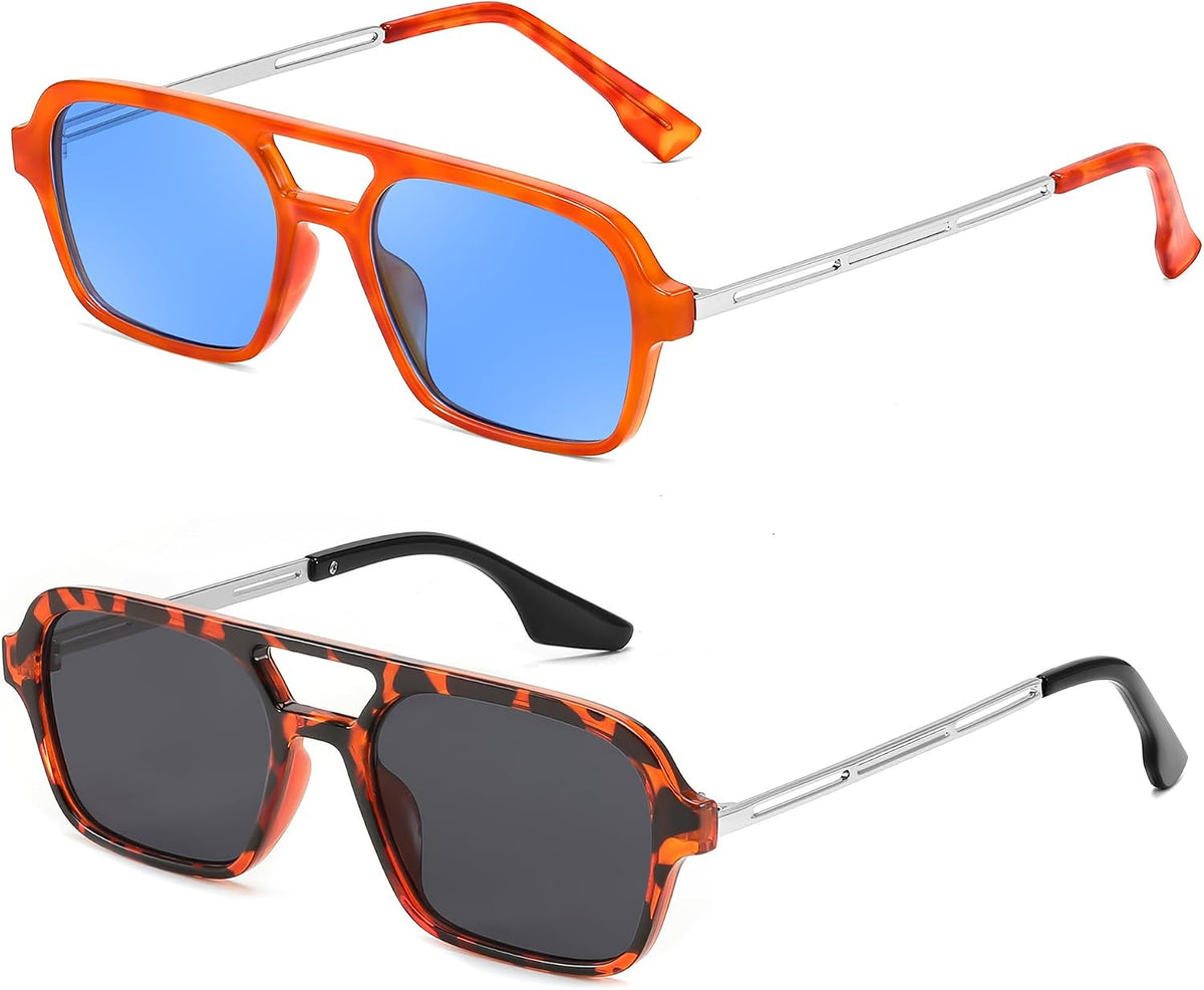 2 Pack - Orange/Blue + Leopard/Gray / 59 Millimeters | B0F5MTFWBR | FEISEDY Vintage Square 70s Flat Aviator Sunglasses Women Men Metal Design Shades B2752