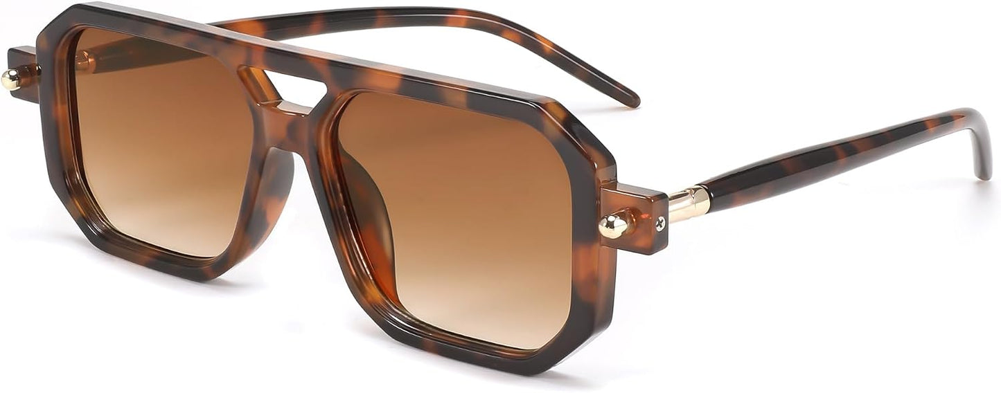 012 Brown Tortoise Frame & Gradient Tea Lens / 52 Millimeters | B0CR439RGY | FEISEDY Vintage Square 70s Flat Aviator Sunglasses Women Men Classic Retro Stylish Frame UV400 Sunglasses B2622