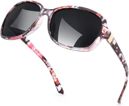 FEISEDY Polarized Sunglasses for Women Classic Vintage UV400 Shade | Trendy Square Wraparound Ladies Sun Glasses B0309 | BLACK Series - Floral Frame & Grey Lens