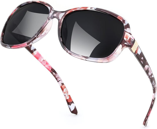 FEISEDY Polarized Sunglasses for Women Classic Vintage UV400 Shade | Trendy Square Wraparound Ladies Sun Glasses B0309 | BLACK Series - Floral Frame & Grey Lens