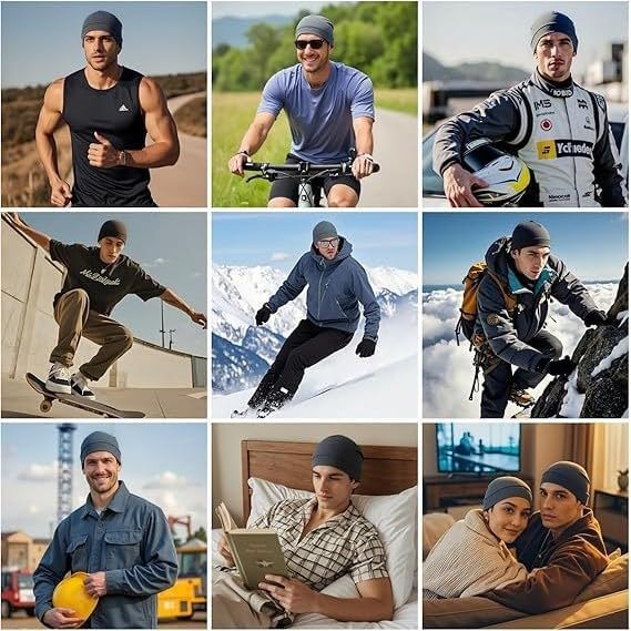 商品图片 4 | B0FSPRSHD6 | Cotton Skull Caps for Men - 2 Pack Beanie Helmets Liner & Sleep Cap, Breathable Warm Stretchy Beanies for Running Sports