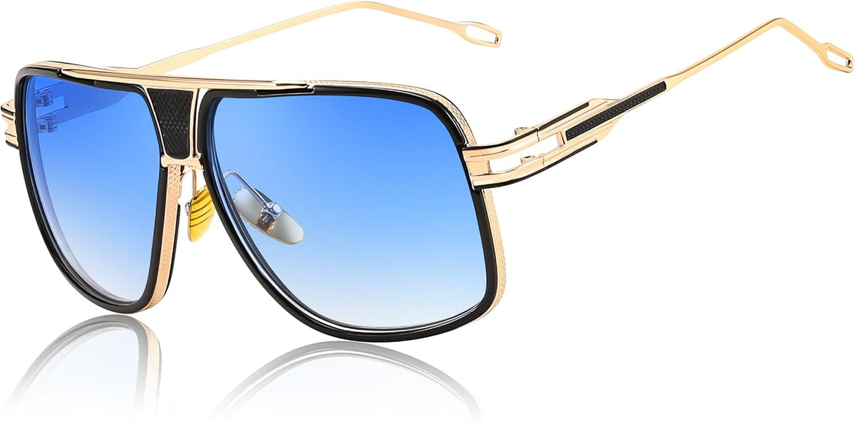 Gold Framed and Blue Lens / 58 Millimeters | B0DPW4VB5J | FEISEDY Sunglasses Mens Oversized Retro Metal Steampunk Shades Sunnies Fishing Driving B0272