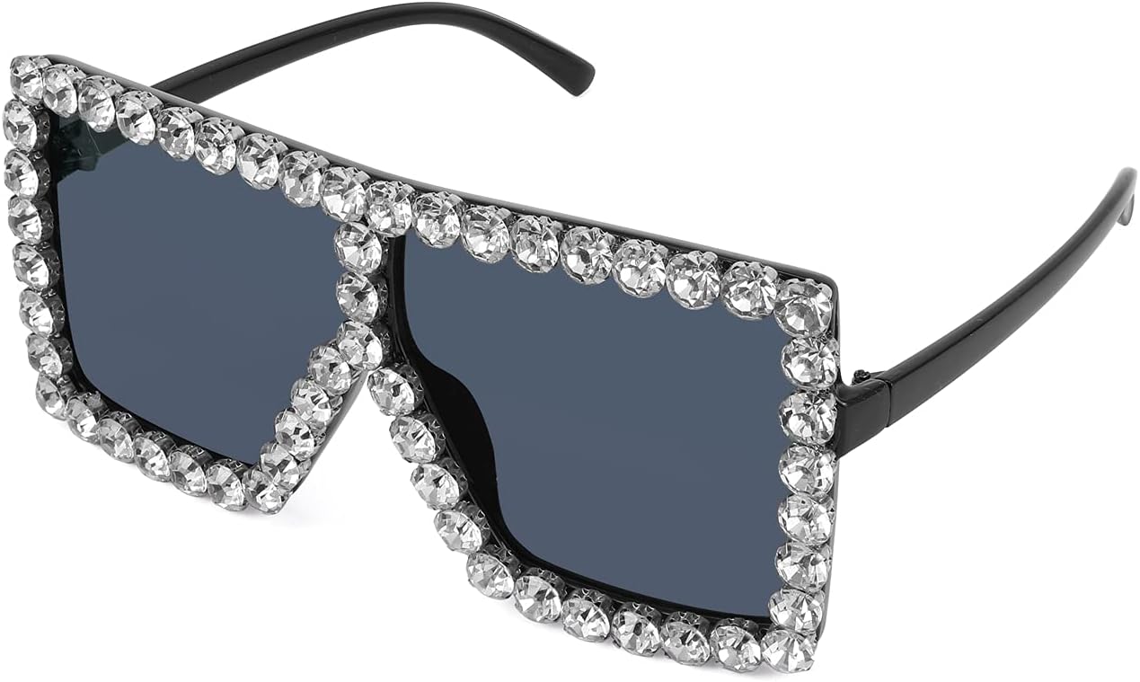 003 White Diamond & Light Grey Lens / 64 Millimeters | B096Z1G7B4 | FEISEDY Oversized Sparkling Crystal Sunglasses Disco Diamond Flat Top Fashion Square Large Shades B2782