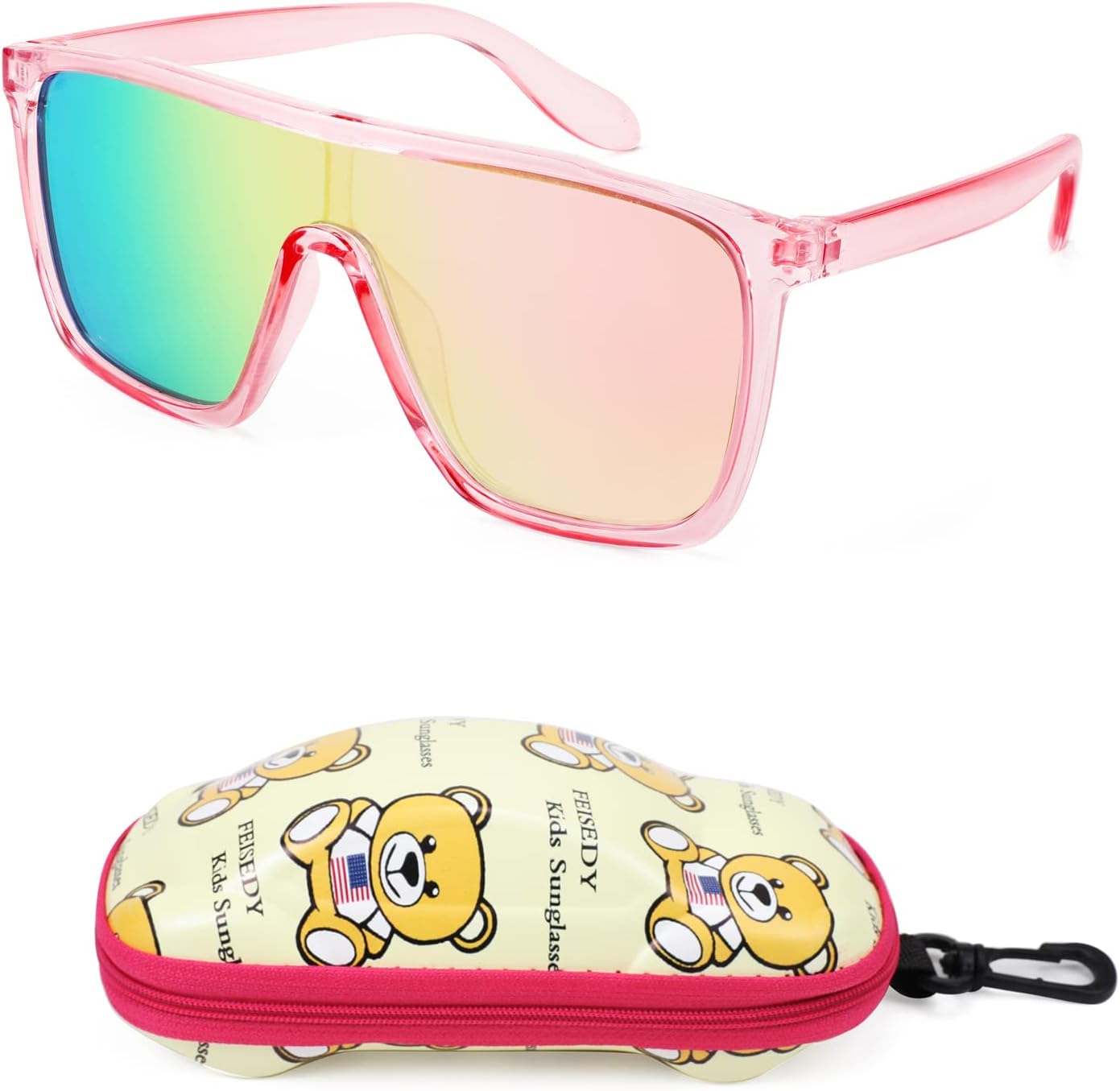 Transparent Pink Frame & Pink Mirror Lens / 55 Millimeters | B09MW1KQ6Y | FEISEDY Kids Sunglasses for Girls Fashion Cute Boys Teenagers Glasses One Piece UV400 B2812