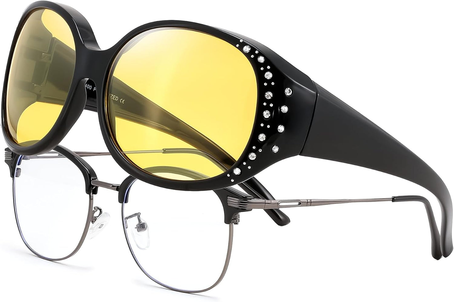 Black/Yellow / 61 Millimeters | B0GRVLZS7S | FEISEDY Women's Polarized Wrap-Around Fit Over Sunglasses with Rhinestones, Anti-Glare Driving Sun Glasses B0362