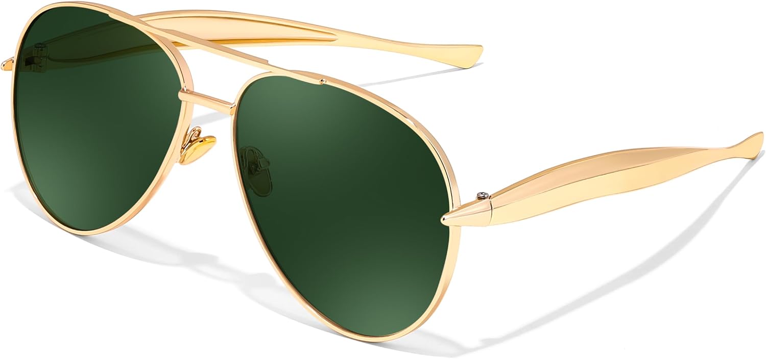 Gold/Green / 60 Millimeters | B0FKML8KWN | FEISEDY Oversized Aviator Sunglasses Women Men - Retro Gold Metal Chunky Frame, UV400 for Driving & Daily Wear B0311